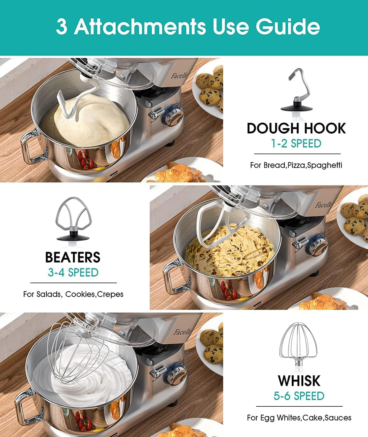 Facelle Stand Mixer, Electric Kitchen Mixer, 6 Speed Tilt-Head Stand Mixer with Pulse, Attachments include 6.5QT Bowl, Dishwasher Safe Beater