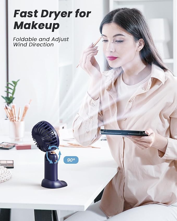 coldSky Portable Handheld Fan, 4000mAh Battery Operated Fan with LED Display, Handheld/Neck/Desk 3 in 1 Personal Small Fans, 90° Foldable Desk Fan with Base, 5 Speed Makeup Lash Fan for Women Blue