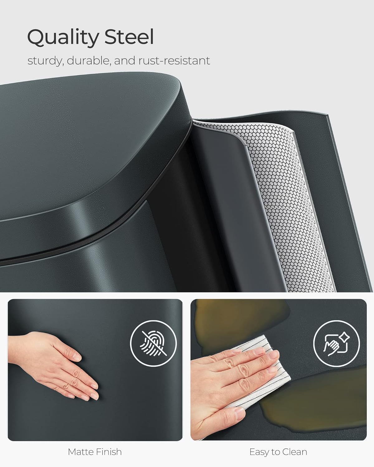 SONGMICS Trash Can with Lid, 8 Gallon Garbage Can, Stainless Steel Small Waste Bin with Step Pedal and Inner Bucket, Soft Close, Kitchen, Greenish Gray ULTB102G01