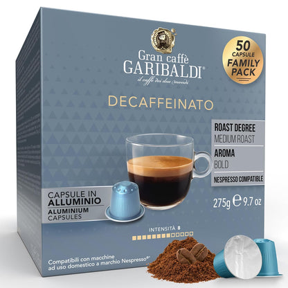 Gran Caffè Garibaldi Espresso Pods, Decaffeinato, 50Count | Italian Roasted Coffee, Decaf Capsules, Intense &amp; Rich Aroma - 50 Aluminum Cups
