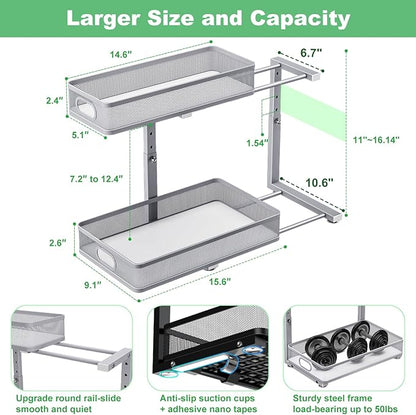Under Sink Organizer 2 Pack, High Adjustable 2 Tier Under Sink Organizers and Storage, Slide out Metal Cabinet Organizers, Pull out Storage Drawer Shelf for Kitchen Bathroom Cabinet