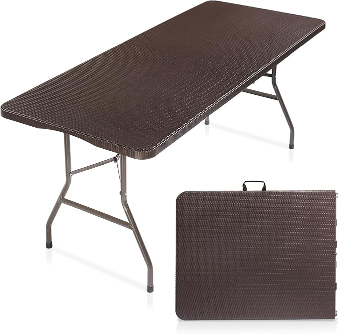 VINGLI 6 Foot Plastic Folding Table Portable Long Table for Indoor Outdoor Use Rectangular with Carrying Handle,Rattan Patterned HDPE Tabletop, Brown