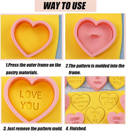 Heart Cookie Cutter Set, 10 Pcs 3D Pressable Biscuit Cutter and Stamps, Valentine's Day Cookie Molds Wedding Party DIY Cake Decorating Kit (B10)