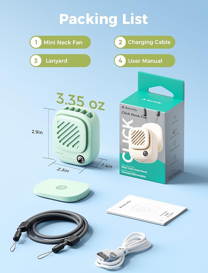 Aecooly Mini Portable Neck Fan, Mighty Hands Free Fan, Magnetic Fit Click 01 USB Rechargeable [10H Max Cooling Time], Personal Battery Powered, Pocket for Travel, Summer, Gifts for Women -Green