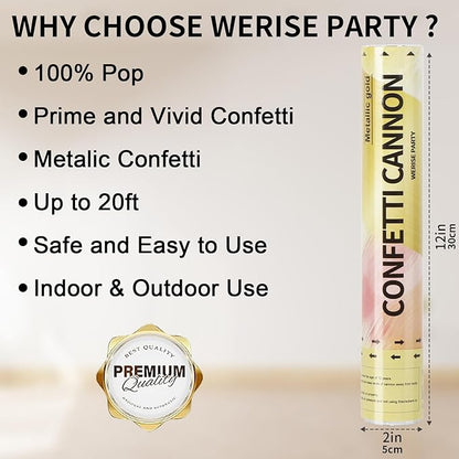 Gold Confetti Poppers Cannon, 6 Pack WERISE Party Gold Mylar Party Poppers Shooters for Birthday, Wedding, Graduation Valentines Day and Easter Celebration 12 Inch