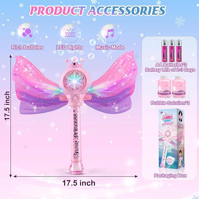 Bubble Wands for Kids Girls - LED Light & Music Bubble Machine: 3 AA Batteries & 2 Bubble Solutions, Outdoor Party Birthday Toys for Toddlers, Gift for 3 4 5 6 7 8 Year Old Girls