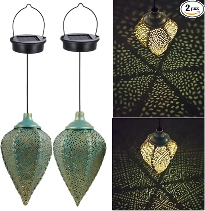 Solar Outdoor Lanterns- Hanging Lights, Set of 2 Moroccan Style Garden Party Decorative Rechargeable Lantern, Hurricane Lamps are Great for Front Porch, Patio and Yard