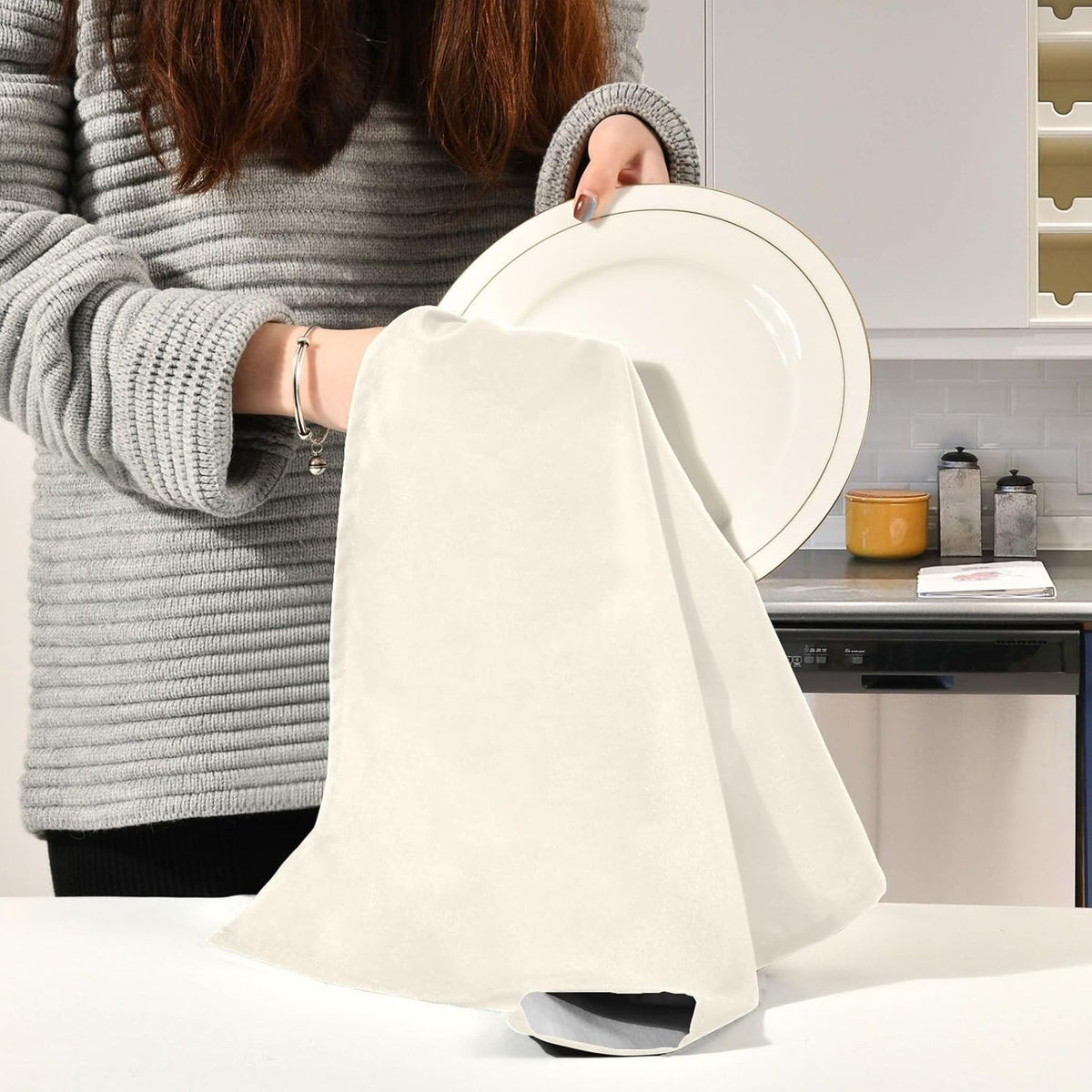 Taran Living Kitchen Towels Cotton Solid Dish Cloths Kitchen Hand Towel Reusuable Dish Towel for Cleaning Tea Towels Set with Hanging Loop - 18"x 28"