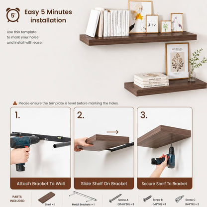 Floating Shelf, Set of 1 Wall Shelf, 36 in W x 12.75 in D x 2 in H Wooden Floating Wall Shelf with Invisible Brackets for Living Room/Bedroom/Bathroom/Kitchen Storage and Decor, Walnut