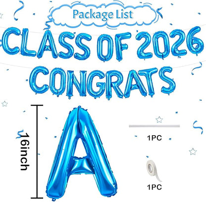 Blue Class of 2026 Congrats Balloons, 2026 Graduation Decorations 16inch Congrats Grad Foil Balloons Banner Sign for Class of 2026 College High School Graduation Prom Party Backdrop Supplies
