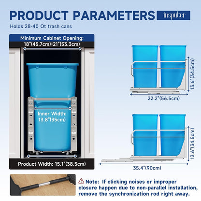 Insputer Double Pull Out Trash Can Under Cabinet with Push to Open Slides, Heavy Duty Under Sink Garbage Can Kit for Kitchen, Not Include Bin, Require 18" W X 24" D Cabinet, has Installation Video