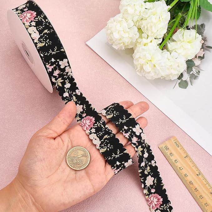 10 Yards 1.5 Inch Spring Summer Flower Floral Printed Ribbons Bloom Black Wavy Edge Trim Scalloped Print Chiffon Trims Polyester Fabric Grosgrain Ribbon for Sewing Making Crafts DIY Wedding