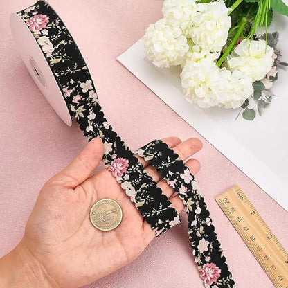 10 Yards 1.5 Inch Spring Summer Flower Floral Printed Ribbons Bloom Black Wavy Edge Trim Scalloped Print Chiffon Trims Polyester Fabric Grosgrain Ribbon for Sewing Making Crafts DIY Wedding