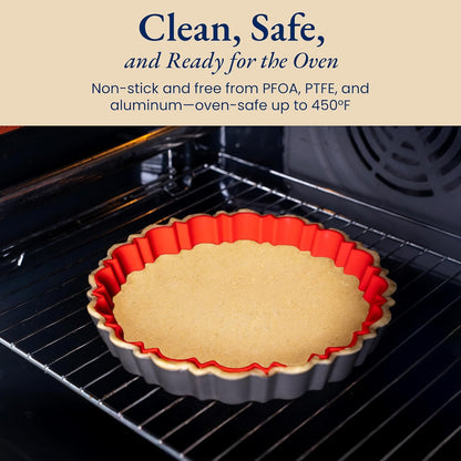 Patz&Patz Fluted Tart Pan 9 Inch Removable Bottom with Patented Silicone Crust Shaper, Nonstick Carbon Steel Quiche Baking Dish