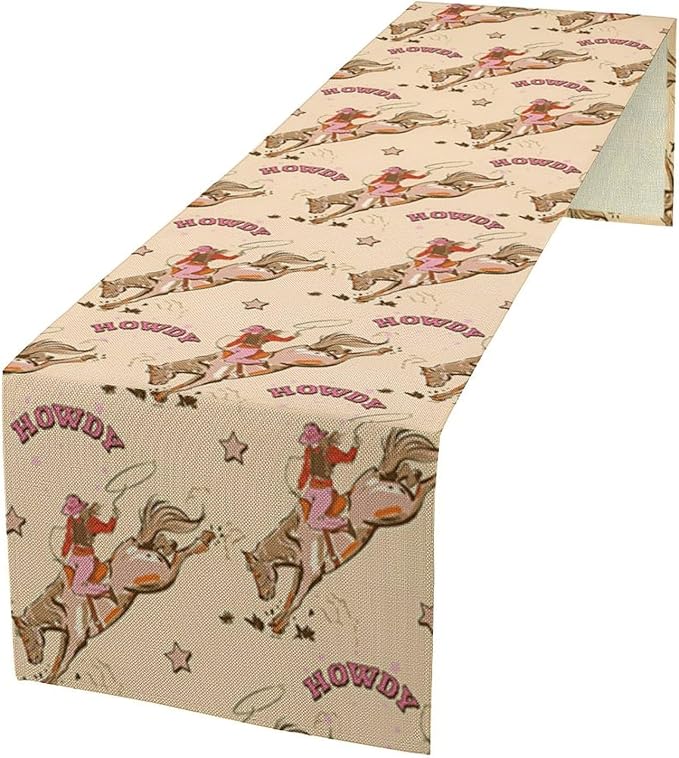 Western Cowboy Table Runner,Vintage Country Cowboy Horse Desert Print Table Runner for Farmhouse Kitchen Dining Table Holiday Home Party Decor 13x120in