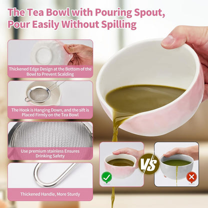 7 Pcs Matcha Whisk Set, Matcha Set Pink,Matcha Kit,Matcha Tea Set,Matcha Bowl Set with Pink Cat Scoop Holder, Tea Cloth, Sifter(Gradient Pink)