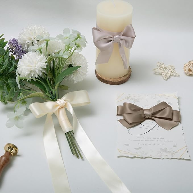 QIANF Champagne Double Face Satin Ribbon 1 Inch x 45 Yards Ivory Fabric Ribbon for Gift Wrapping, Flower Bouquets, Hair Bows Making, Wedding Decoration, Invitation Cards, Christmas (3 Rolls *15Yd)