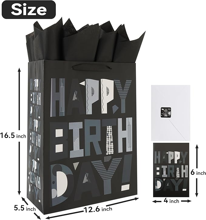 wishinside 16.5” Extra Large Black Happy Birthday Gift Bag Set with Handles, Greeting Card, Tissue Papers and Stickers for Men Boys Kids Teens, Cartoon Design, 1 Pcs