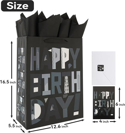 wishinside 16.5” Extra Large Black Happy Birthday Gift Bag Set with Handles, Greeting Card, Tissue Papers and Stickers for Men Boys Kids Teens, Cartoon Design, 1 Pcs