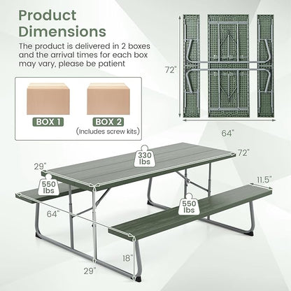 Giantex Folding Picnic Table - 6 FT Outdoor Table Bench Set for 8 Persons w/All-Weather HDPE Tabletop, Metal Leg, Umbrella Hole, Large Outside Dining Table for Patio Garden Yard Poolside (Green)