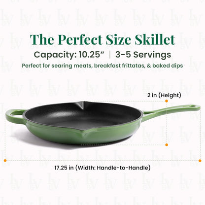 Larder & Vine Enameled Cast Iron Skillet | 10.25 inch Cast Iron Pan | Saute Pan with Pour Spouts | Enamel Coated Cast Iron Skillet | Compatible on All Cooktops & Oven Safe to 500° F | Okra