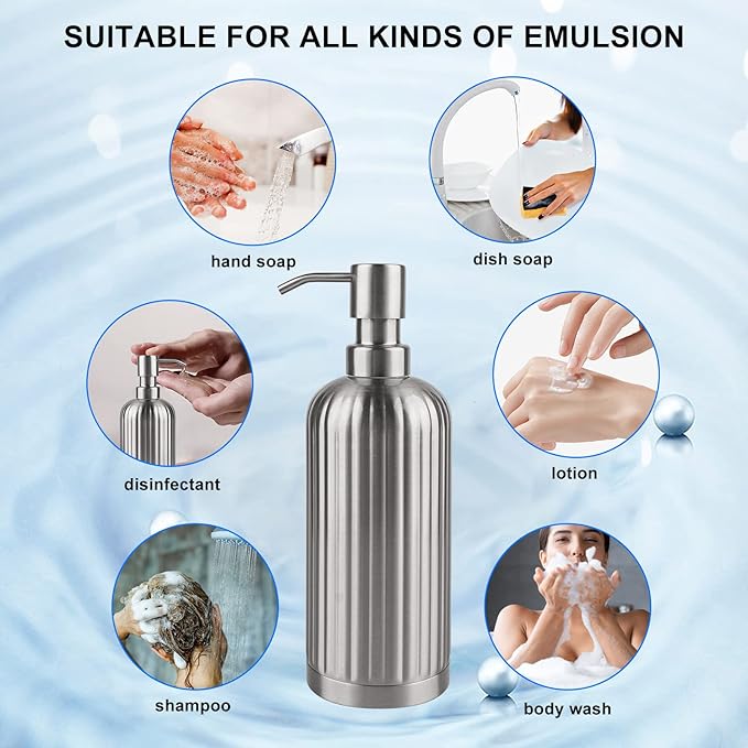 AUMIO Soap Dispenser 18 Oz with Non-Slip Coaster, Stripe Design Dish Soap Dispenser Brushed Nickel, Refillable Liquid Hand Soap Dispenser for Bathroom, Kitchen Soap Dispenser Premium Stainless Steel
