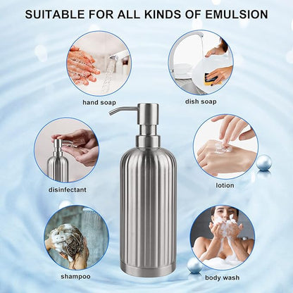 AUMIO Soap Dispenser 18 Oz with Non-Slip Coaster, Stripe Design Dish Soap Dispenser Brushed Nickel, Refillable Liquid Hand Soap Dispenser for Bathroom, Kitchen Soap Dispenser Premium Stainless Steel