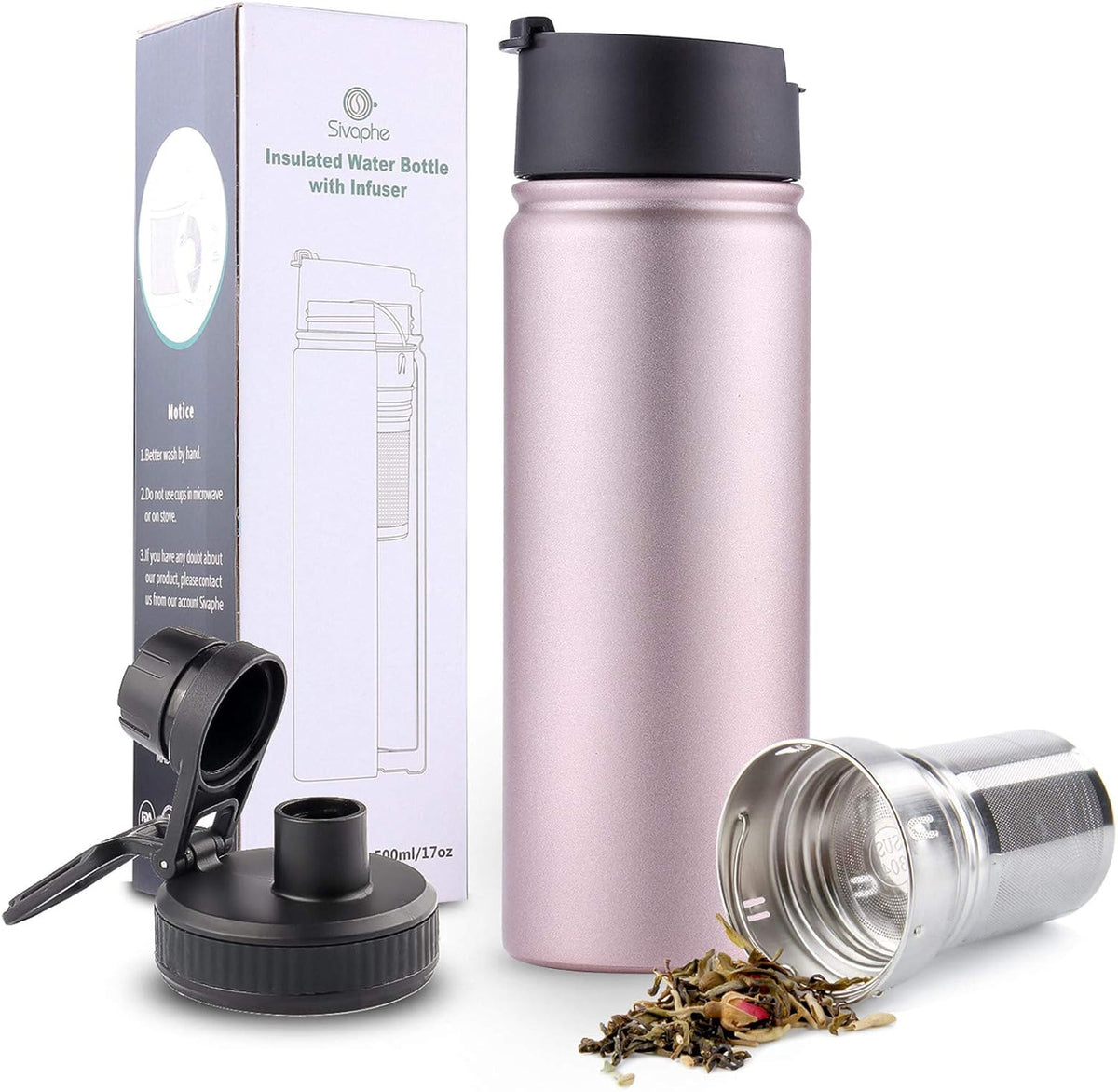 Infuser Travel Mug with Removable loose leaf Tea Strainer Bottle 18/8 Stainless Steel Insulated Tumbler for Women Rosegold