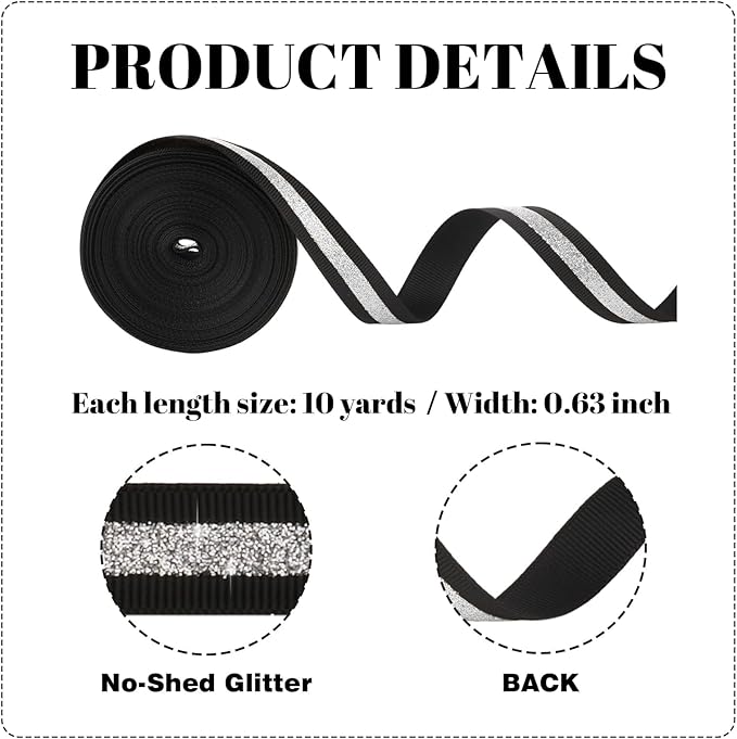 Black Silver Glitter Grosgrain Ribbon 5/8" x 10 Yards - No-Shed Cheer Ribbon for Cheerleading Hair Bows, New Years Party Decorations, Homecoming Mum Supplies, Team Spirit Crafts Gift Wrapping