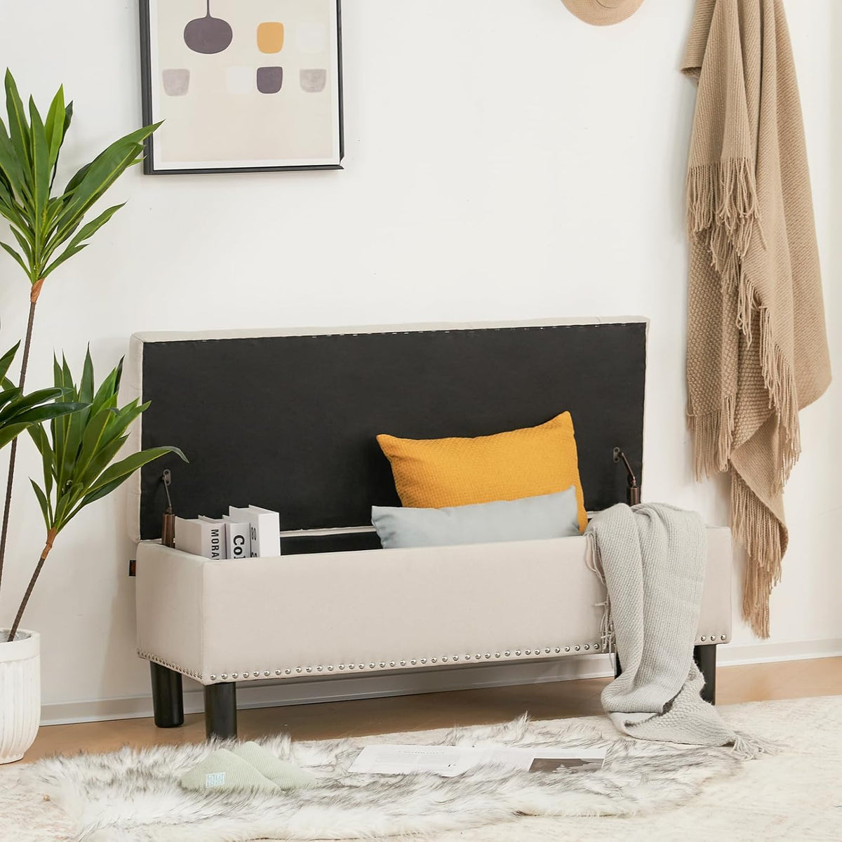 Furnimart 42.5 Inch Storage Ottoman Bench, Flip Top End of Bed Storage Bench, Upholstered Blanket Bench for Bedroom, Entryway, Living Room, Tufted Linen (Beige)