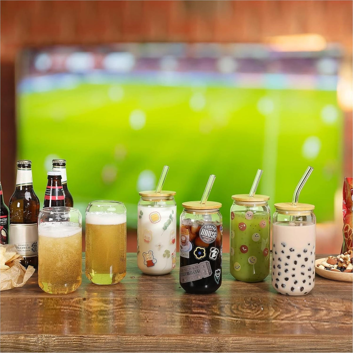 Netany [ 8pcs Set ] Drinking Glasses with Bamboo Lids and Glass Straw - 16oz Glass Cups, Beer Glasses, Iced Coffee Glasses, Cute Tea Cup