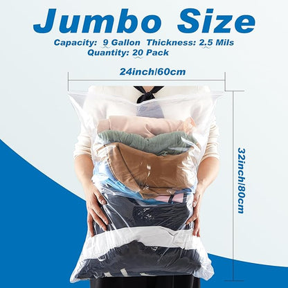 20 Pack Clear Extra Large Storage Bags 24 x 32 Inch 9 Gallon Plastic Storage Bag with Zipper for Clothes Blankets Bedding Moving Travel and Closet Organization Reusable Heavy Duty Clear Packing Bags
