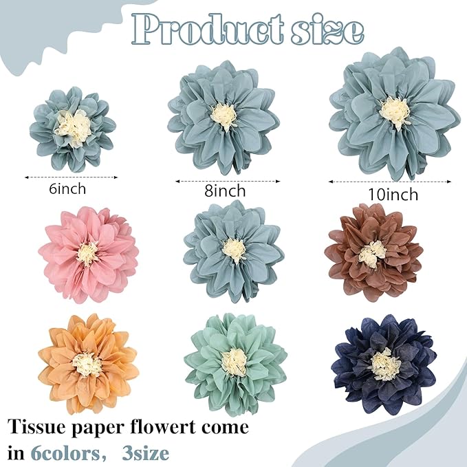 Geyee 18 Pcs Mexican Paper Flowers Colorful Fiesta Tissue Paper Flowers Pom Poms Mexican Carnival for Floral Party Backdrop Wedding Birthday Party Craft(Boho Color,6" 8" 10")