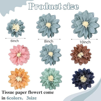 Geyee 18 Pcs Mexican Paper Flowers Colorful Fiesta Tissue Paper Flowers Pom Poms Mexican Carnival for Floral Party Backdrop Wedding Birthday Party Craft(Boho Color,6" 8" 10")