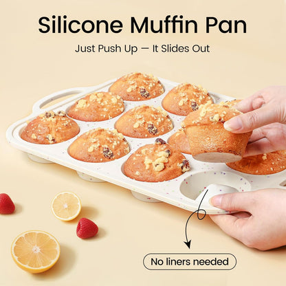 Vinino 2Pack Silicone Muffin Pans for Baking with Metal Reinforced Frame, 12 Cups Regular Size Nonstick Silicone Cupcake Pan