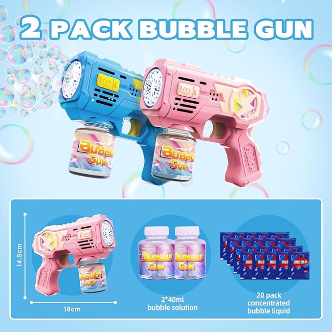 Bubble Gun Toys for 3+ Year Old Kids Boys Girls, LED 2 Pack Automatic Bubble Machine with Bubble Solution, Summer Outdoor Kids Toys for Ages 3-4,4-6,5-7, Birthday Party Gifts for 3 4 5 6 7 8 Year Old