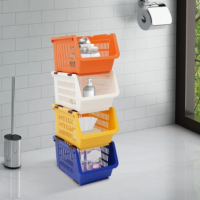 4-Pack Stackable Plastic Storage Baskets - Open Front Organizer Bins for Kitchen, Pantry, and Bathroom Essentials (Orange+Yellow+White+Blue)