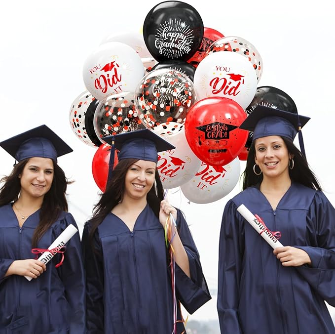 75 Pack Graduation Party Decorations Balloons Set - 12 Inch Black Red Confetti Grad Balloons with Ribbons for Graduation Party Decoration Supplies