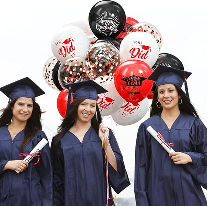 75 Pack Graduation Party Decorations Balloons Set - 12 Inch Black Red Confetti Grad Balloons with Ribbons for Graduation Party Decoration Supplies