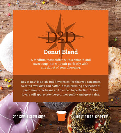 Day To Day Coffee Pods, Donut Blend Medium Roast, 200 Count Bulk | Keurig K-Cup compatible single serve pods. Bulk 200 count value pack for everyday home, office and breakroom coffee