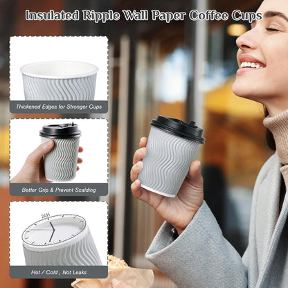 Muchii 8 oz Disposable Paper Coffee Cups, 100 Count Insulated Ripple To Go Cups With Lids and Straws for Tea, Hot Chocolate, and Drinks