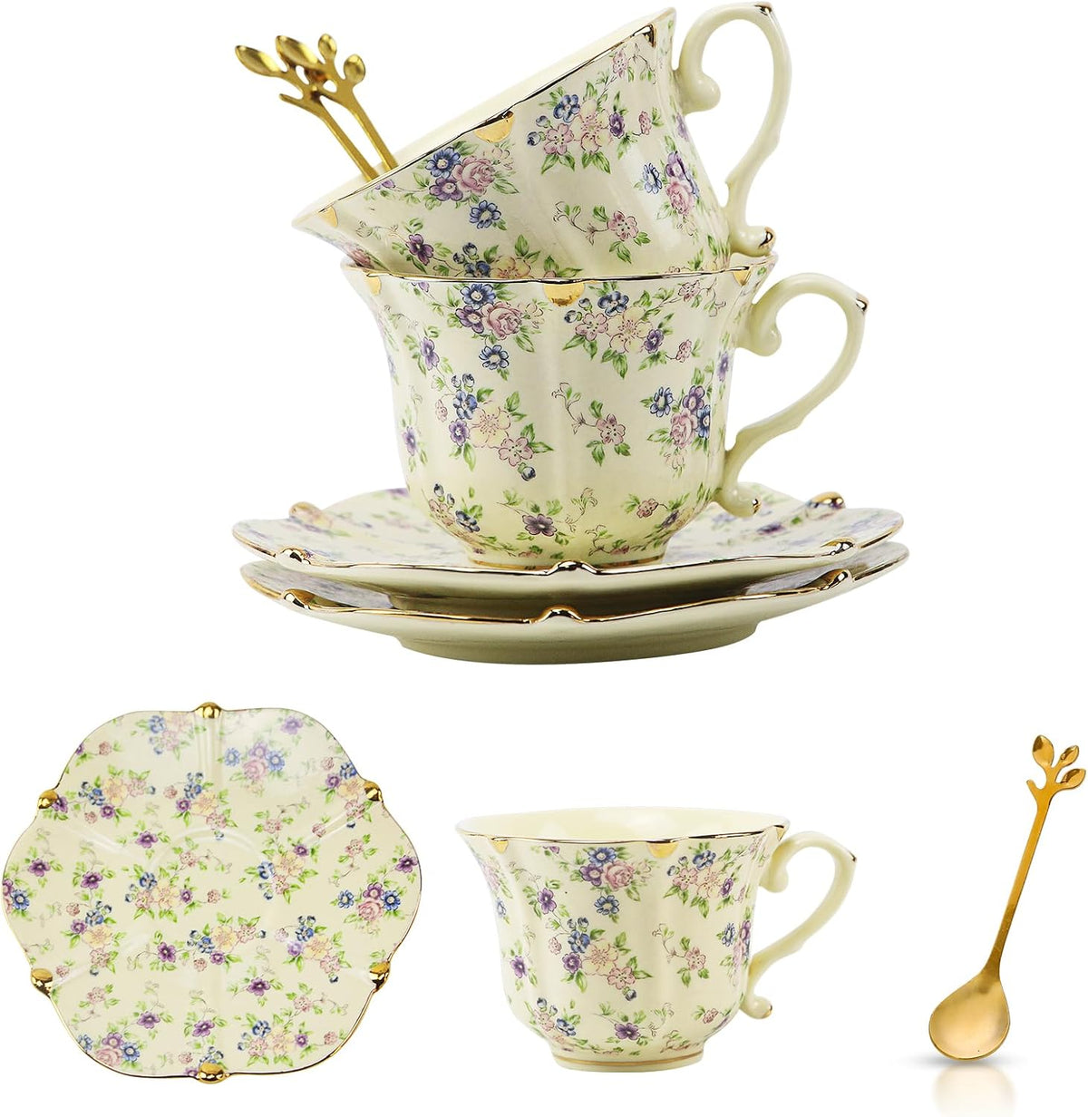 TATSUMI Country Roses Bone China Tea Cup and Saucer Set, 6 Pieces, Vintage Style, For Women and Tea Parties