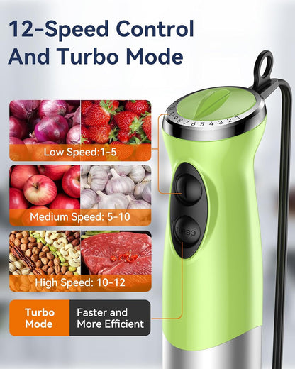 Immersion Blender Handheld 1000W 5 in 1 Corded Stick Hand Blender Kitchen with 12 Speed, BPA-Free, Mixing Beaker, Chopper, Whisk, Milk Frother, Perfect Emulsifier for Soup, Baby Food, Sauce, Puree