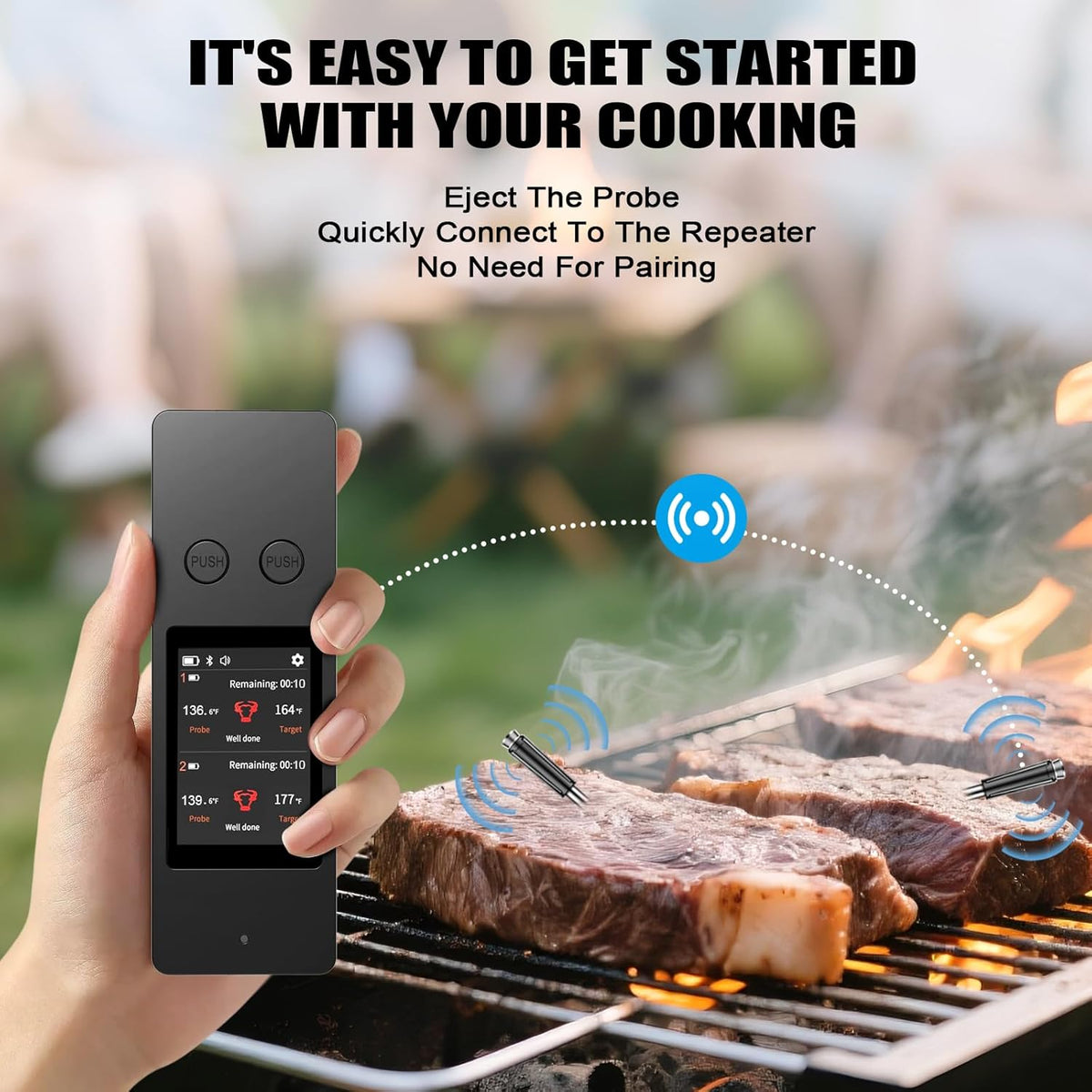 Smart Wireless Meat Thermometer, []，2 Upgraded Ultra-Thin Probe，No App＆Large HD Touch Screen，800FT Range，1000°F Heat Safe,IP67 Waterproof