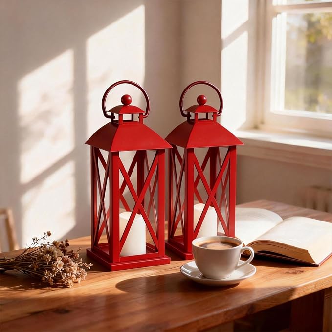 Decorative Lanterns Outdoor Candle Lantern 13.5" Waterproof Battery Powered LED Hanging Lanterns with Flameless Candle for Front Porch, Entrance, Indoor, 2 Pack