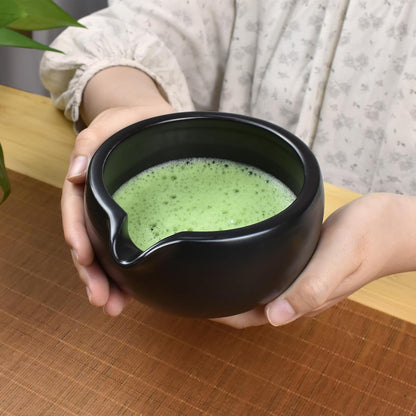 Artcome 4 Pcs Complete Matcha Ceremony Kit - Bowl With Pouring Spout, Whisk, Holder, Scoop - Japanese Tea Set for Making Usucha, Koicha and Latte (Black)