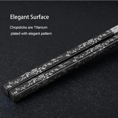 Stainless Steel Chopsticks 2 Pairs: Metal Titanium Plated Chopstick Set,Dishwasher Safe,Non-Slip,Laser Engraved,Gift Box Packaging,Japanese Chinese Korean chop Sticks for Cooking Eating