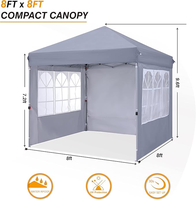 COOSHADE 8x8 Ft Pop up Canopy Tent Enclosed Instant Folding Canopy Shelter with Elegant Church Window Outdoor Pavilion Cater Party Wedding BBQ Events Tent(Grey)