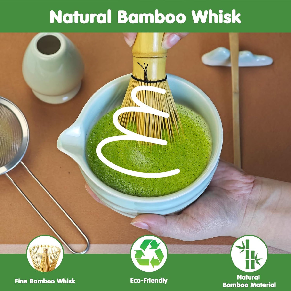 Matcha Whisk Set, 7 Pcs Ceramic Matcha Kit, Matcha Bowl with Spout, Matcha Whisk, Holder, Stainless Sifter, Bamboo Scoop and Tea Towel
