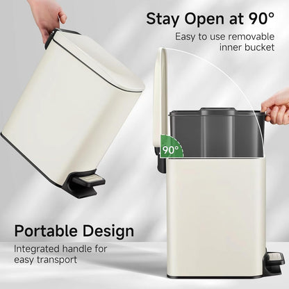 TIPGO Slim Bathroom Trash Can with Lid Soft Close, 6 Liter / 1.6 Gallon Stainless Steel Garbage with Removable Inner Bucket, Small Trash Bins for Bedroom, Office (Cream)